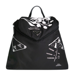 Prada Signaux Printed Backpack, Nylon, Black/ White, M/255, AC, R, DB, 4*